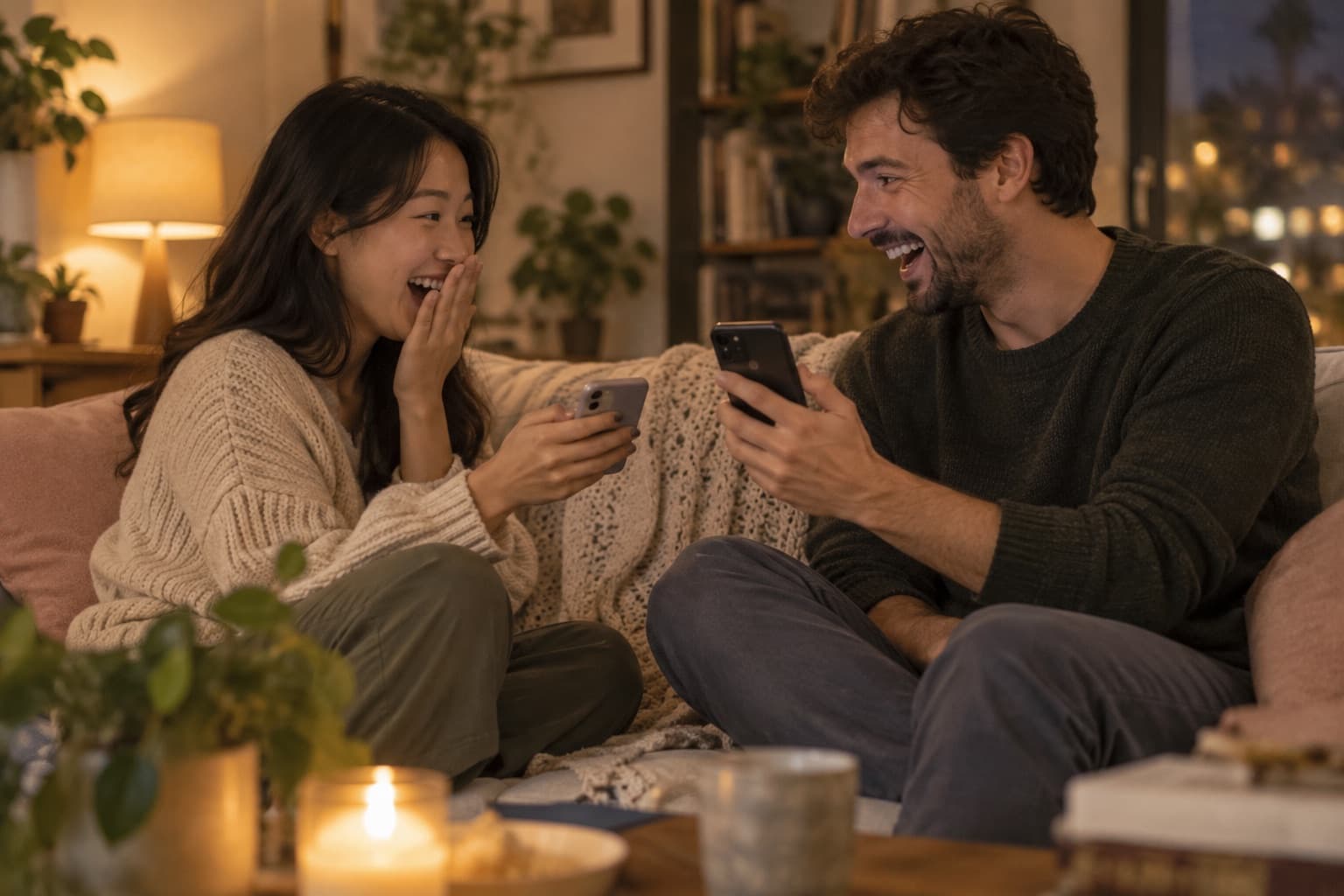 A couple on the couch showing each other their phones and laughing