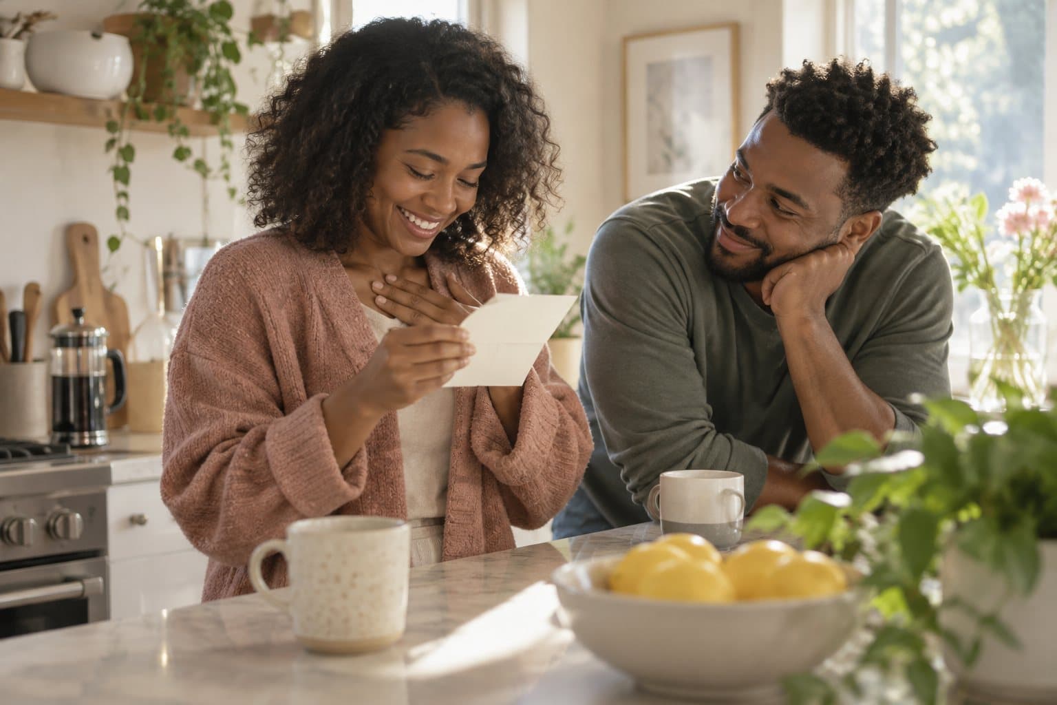 A woman smiling as she reads a handwritten note at the kitchen counter while her partner watches her reaction