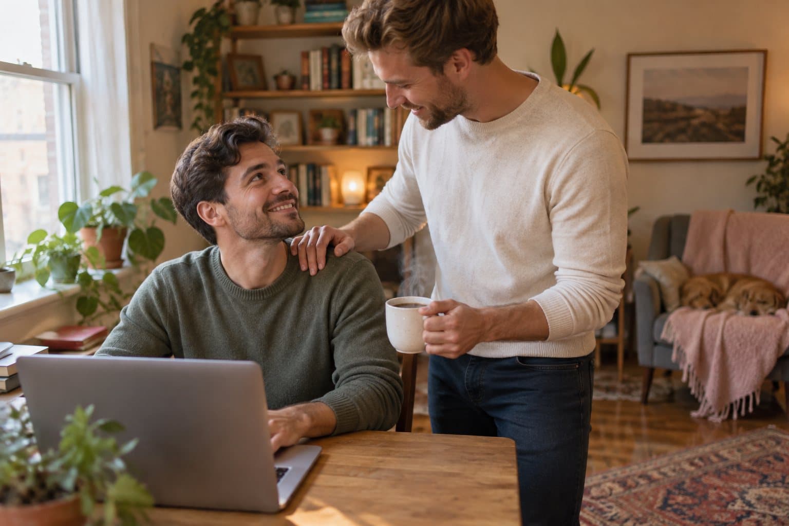 A man bringing his partner a mug of tea as he works at a laptop, a hand on his shoulder