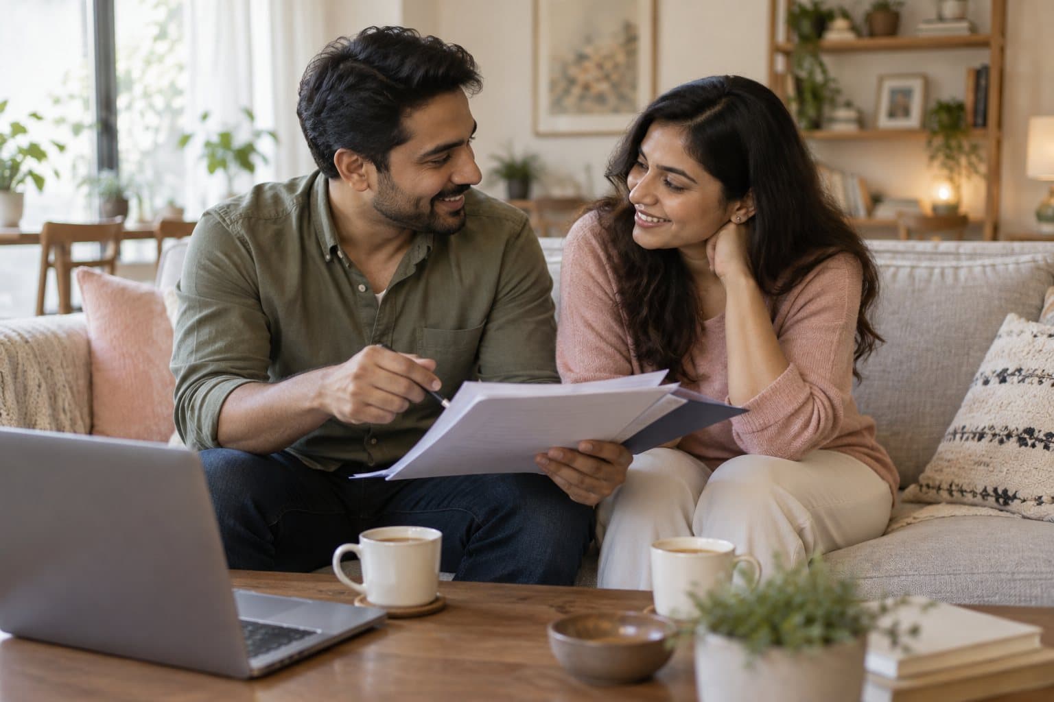 A couple on a sofa going through a folder of papers together, smiling at each other