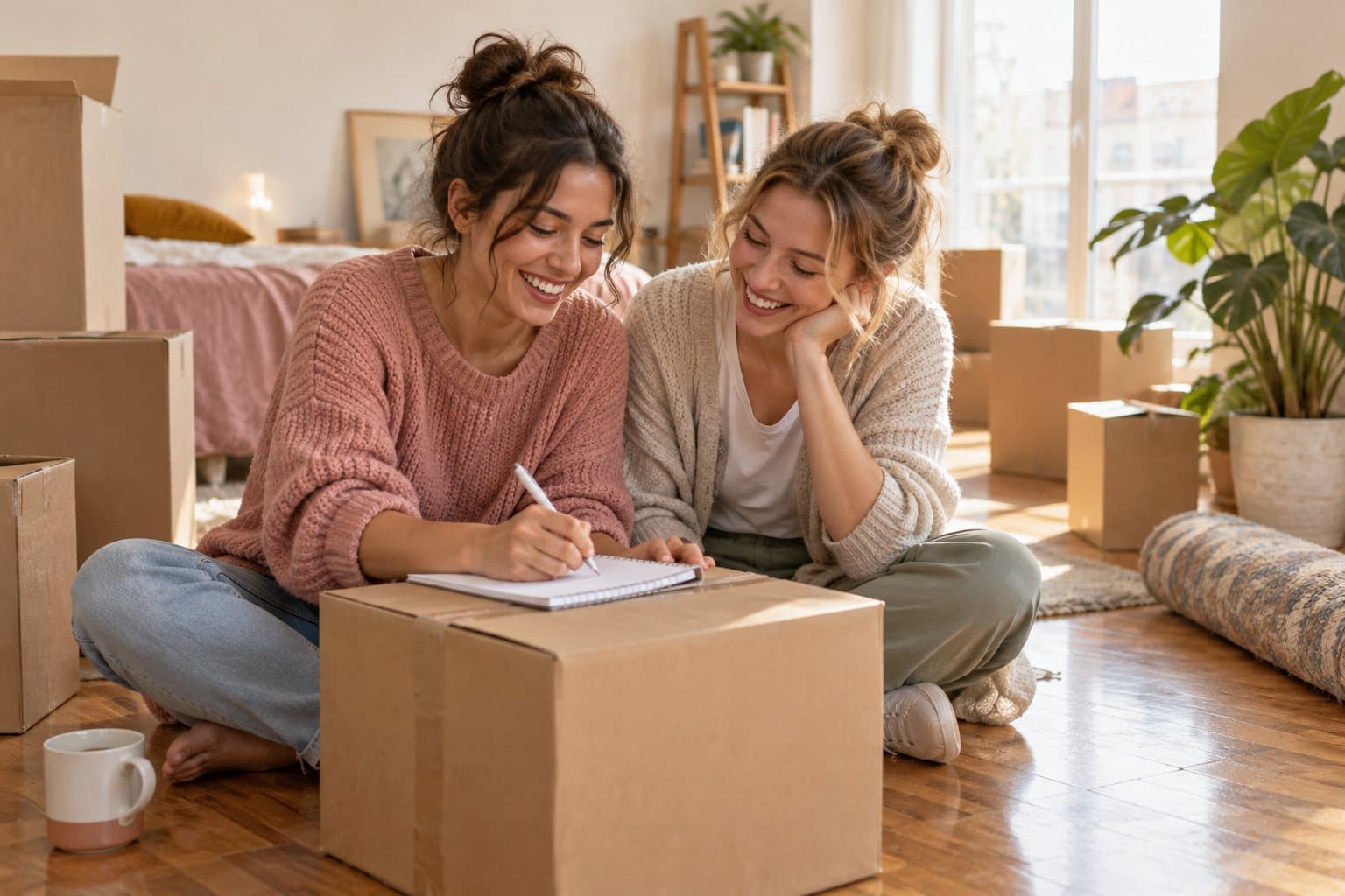 Two women laughing as they write a list on a moving box in their new apartment