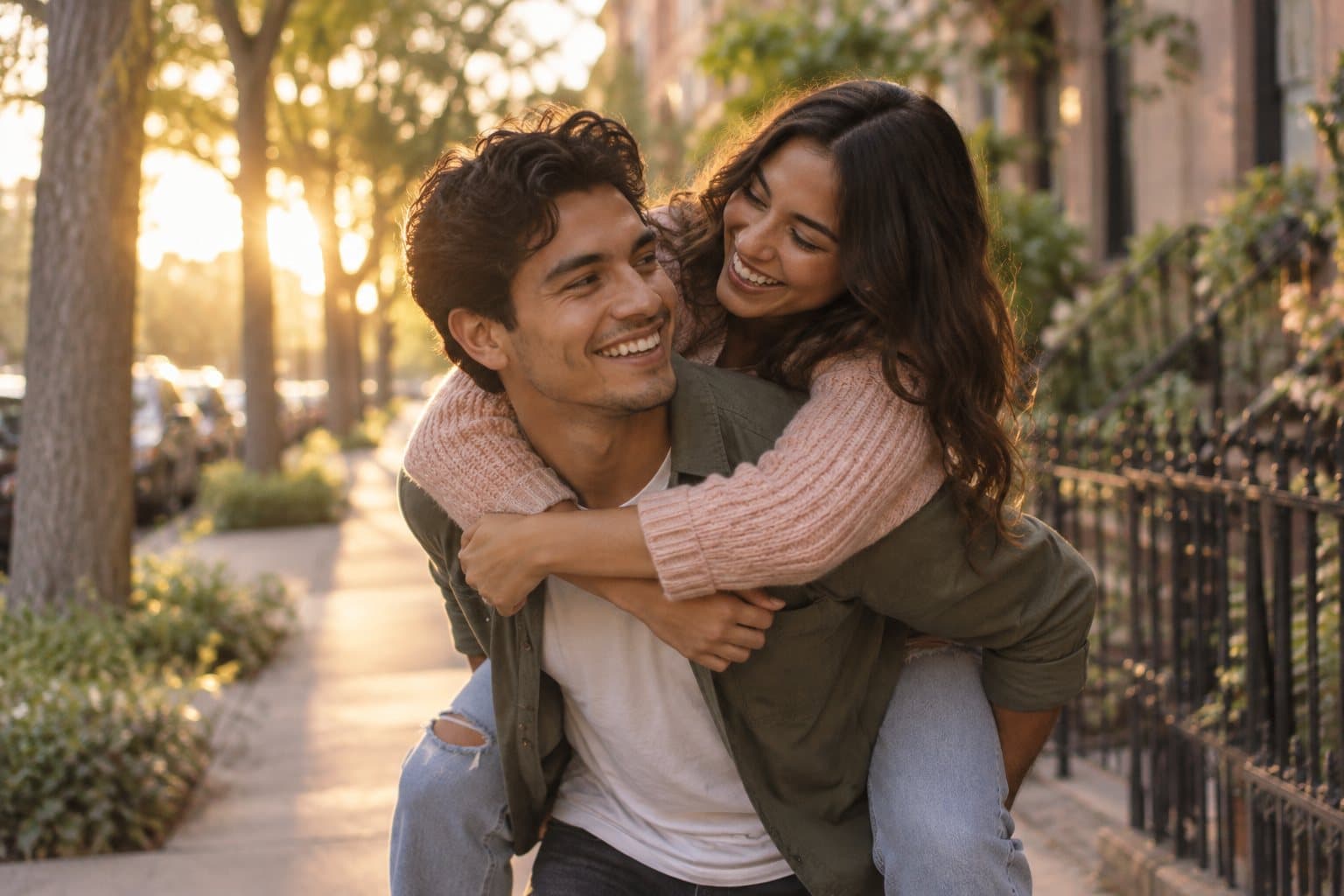 A young couple laughing on a city sidewalk at sunset, one riding piggyback