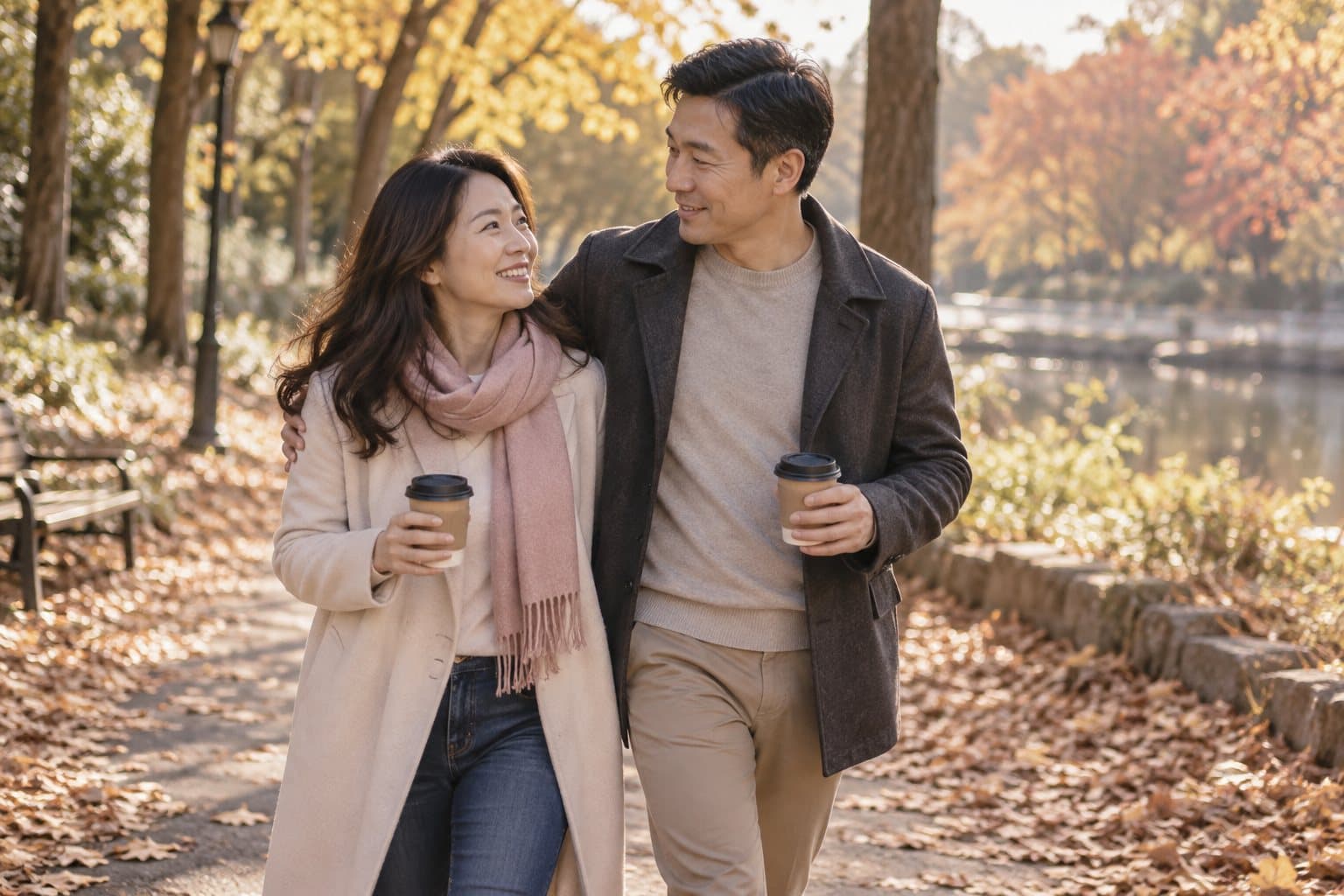 A couple walking through a park in autumn with coffees, smiling at each other