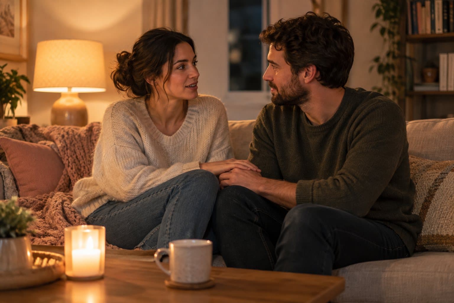 A couple talking quietly on the sofa in the evening, holding hands by lamplight