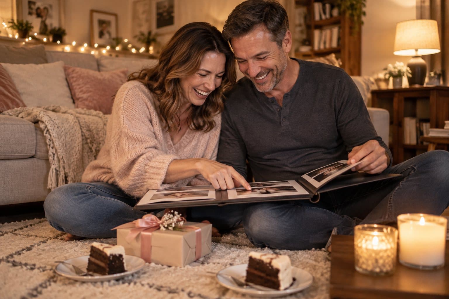 A couple laughing over an old photo album on the living room rug, with cake and a wrapped gift beside them