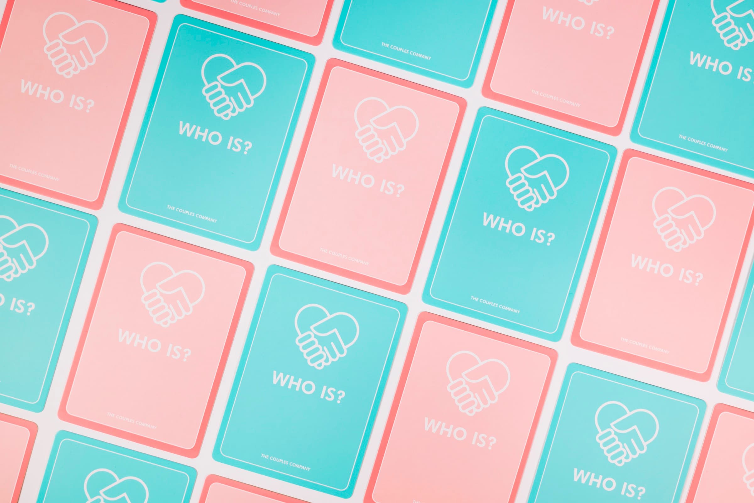 Rows of pink and teal WhoIs? card backs