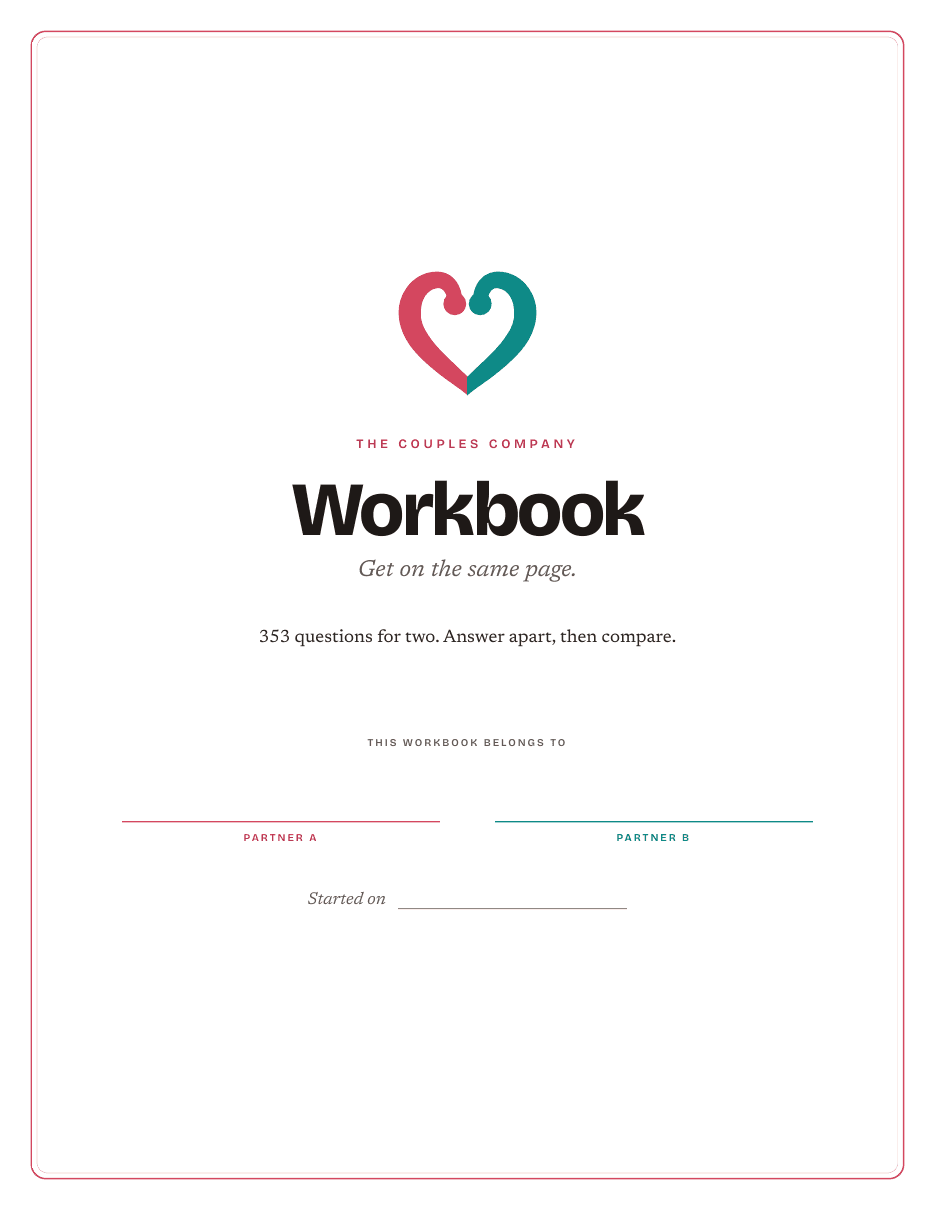 The cover of The Couples Company Workbook, with lines for both partners’ names