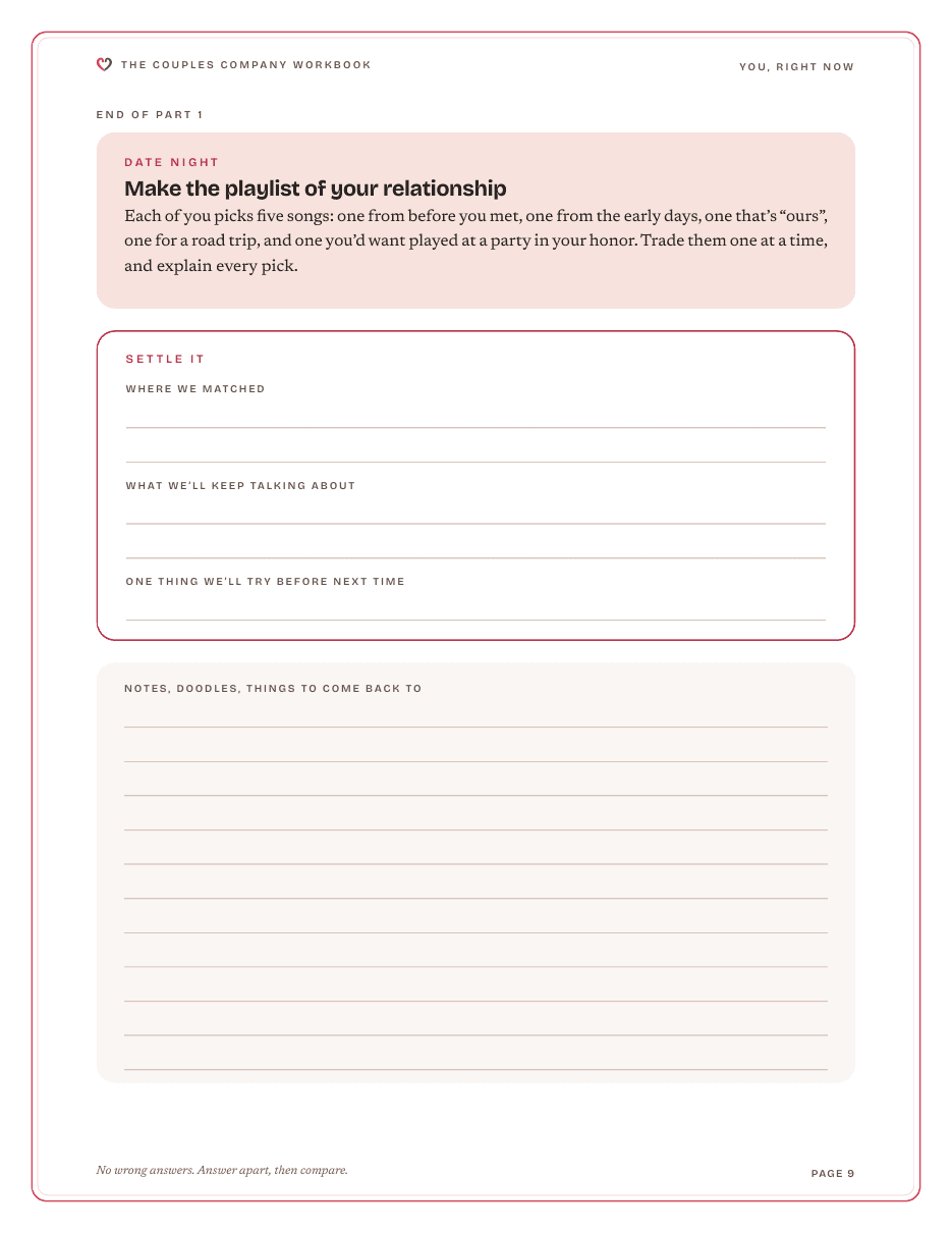The last page of Part 1: a date night idea, a Settle it box and room for notes