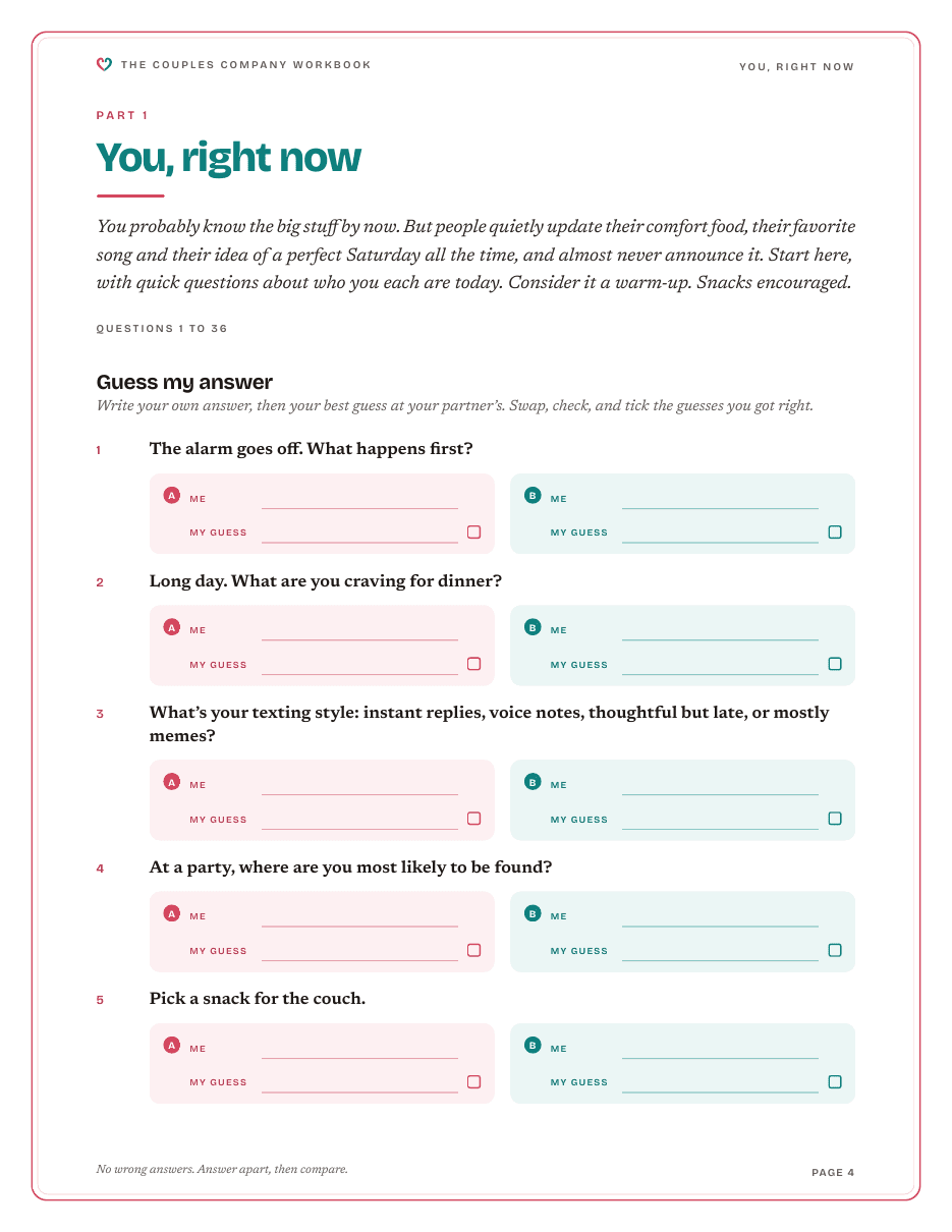 A page from Part 1 of the workbook: Guess my answer questions, with pink spaces for Partner A and teal for Partner B